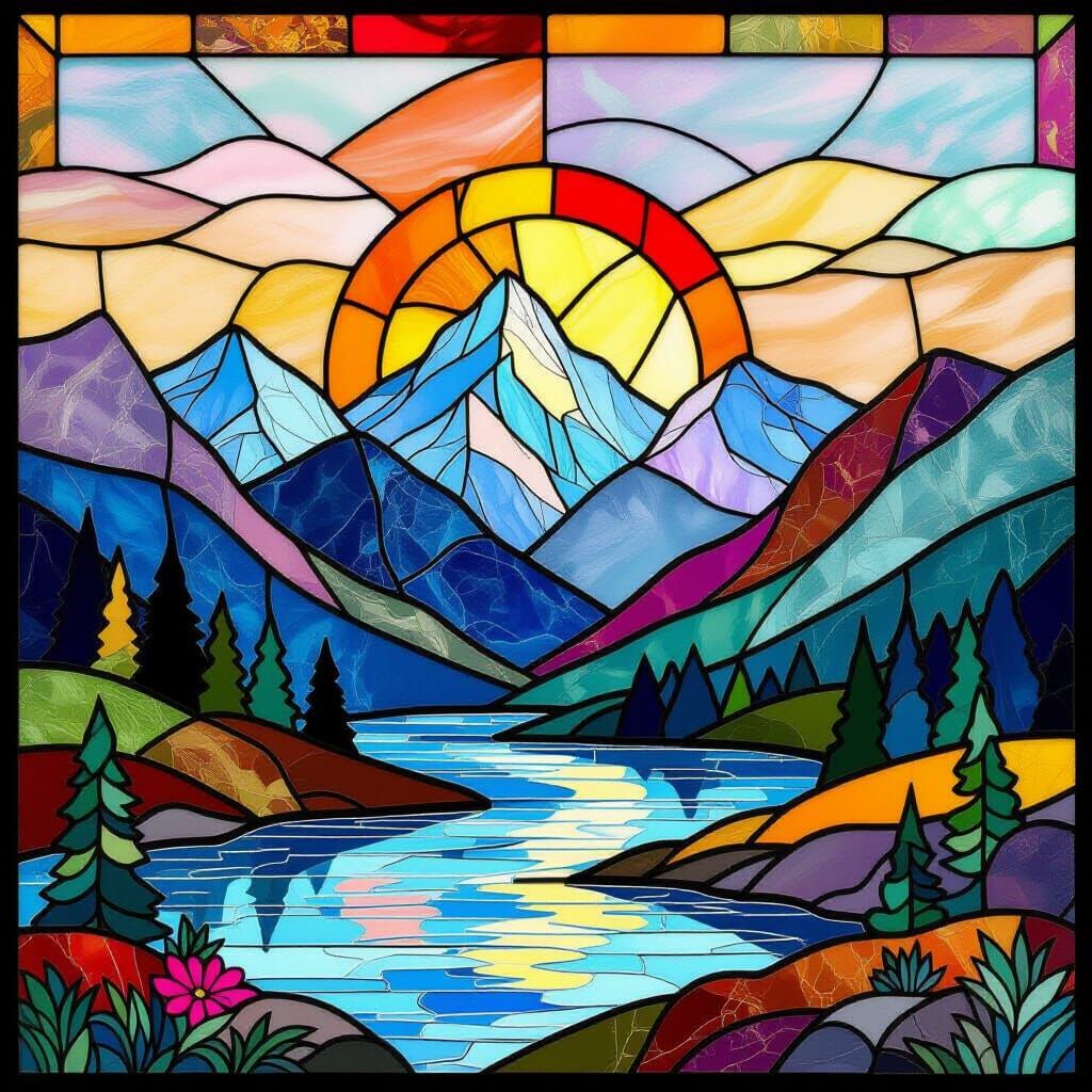 Opal Stained Glass Mountains and Rivers Landscape