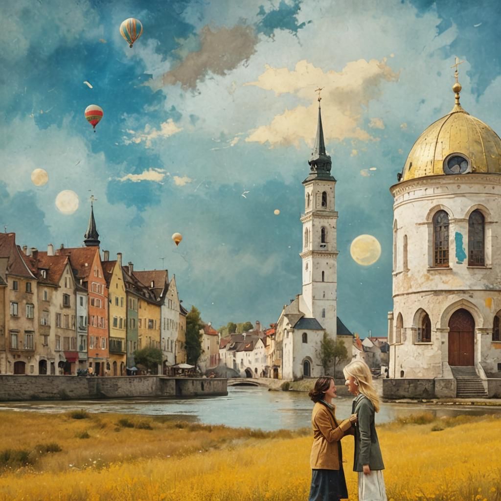 Two Laughing Sisters in Magical Realism Style