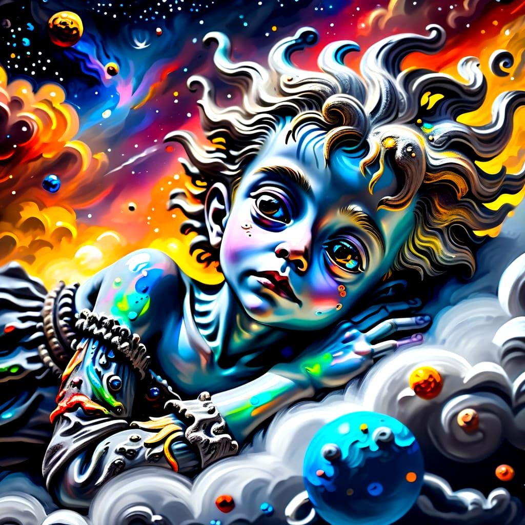 Alien Child Gazing at Comets, Rubens Style Oil Painting