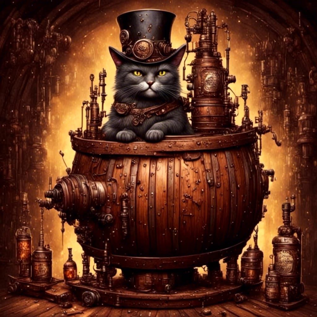 Steampunk Cat in Tophat with Whiskey Barrel