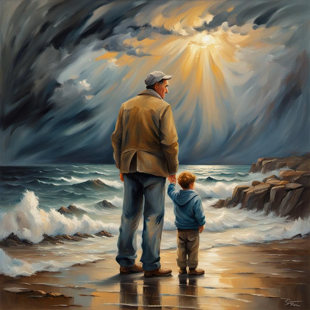 Father and Child at Stormy Sea: Oil Painting