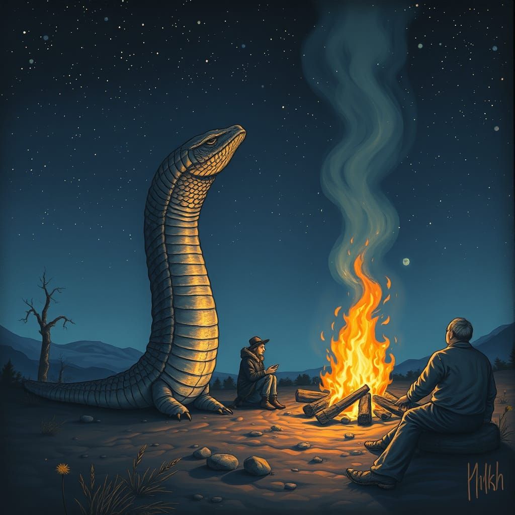Stargazing Worm Beside Bonfire, Detailed Fantasy Art