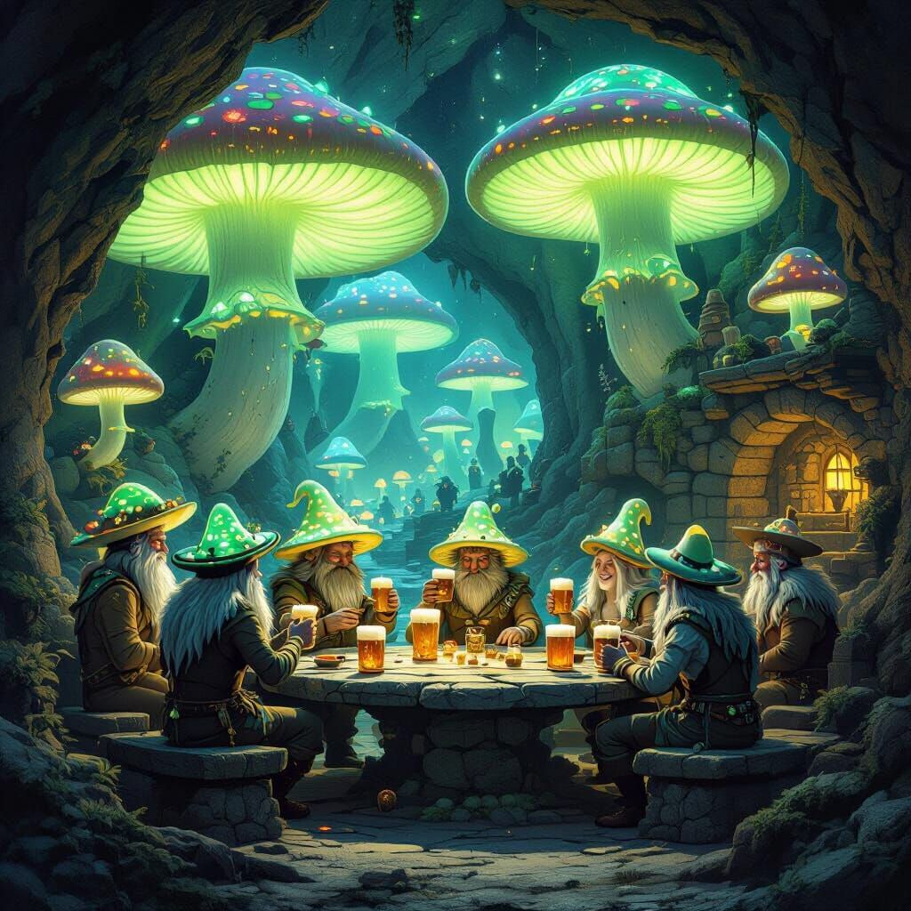 Ethereal Underground City of Mushroom Folk with Ale