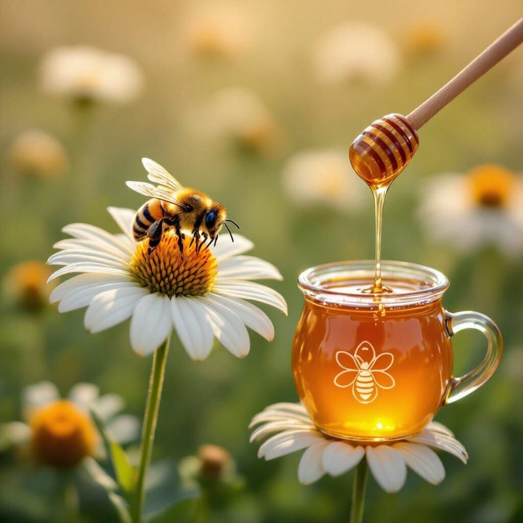 Bee Landing on Flower in Sun-Kissed Illustrative Style