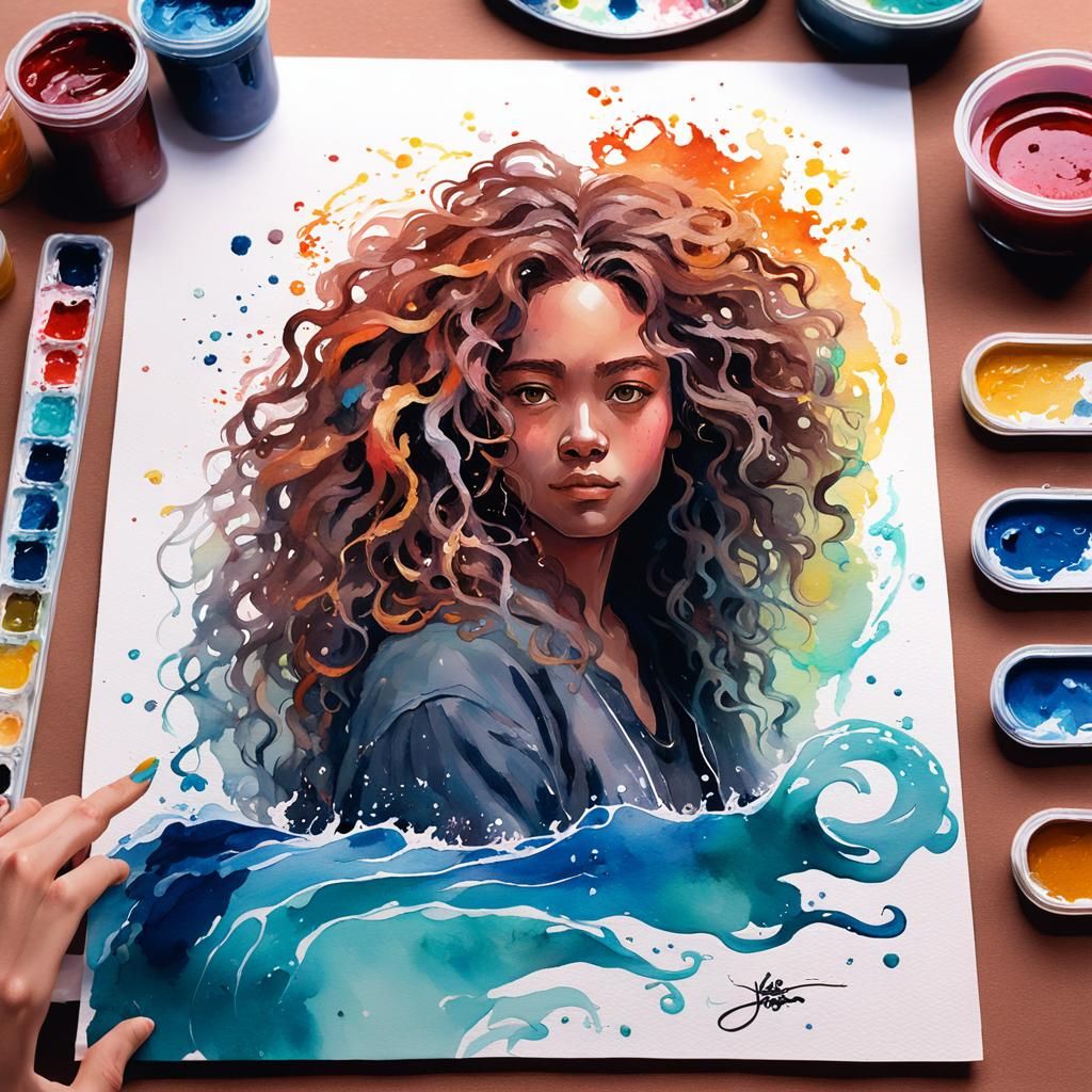 Woman with Flowing Hair: Gouache and Watercolor Fusion