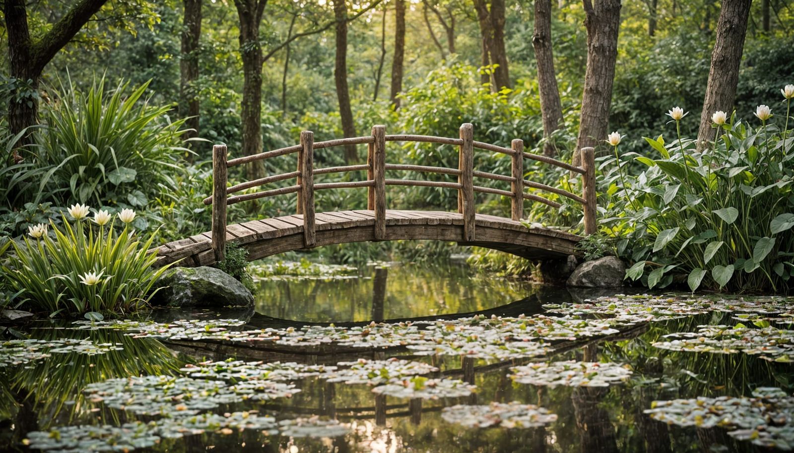 Enchanted Forest: Rustic Bridge Over Serene Pond