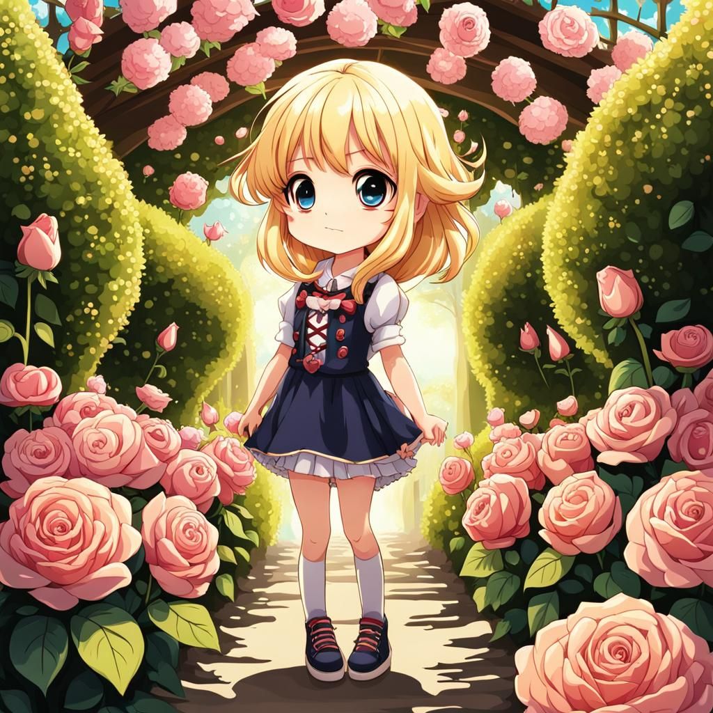Chibi Girl in Rose Garden, Anime Style