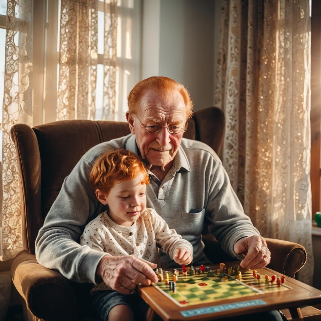 Cozy Portrait of Grandpa and Grandchild Playing