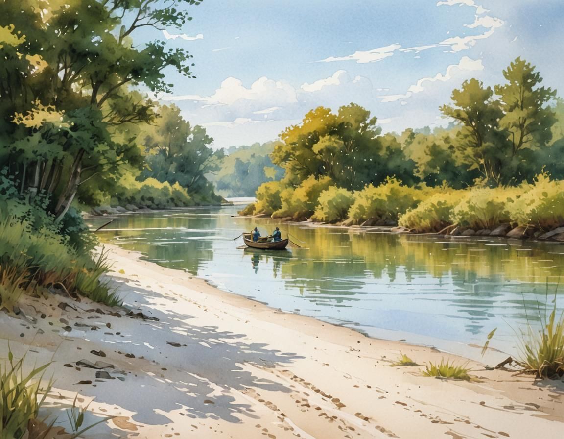 Fishermen on River Beach in Watercolor Comic Art