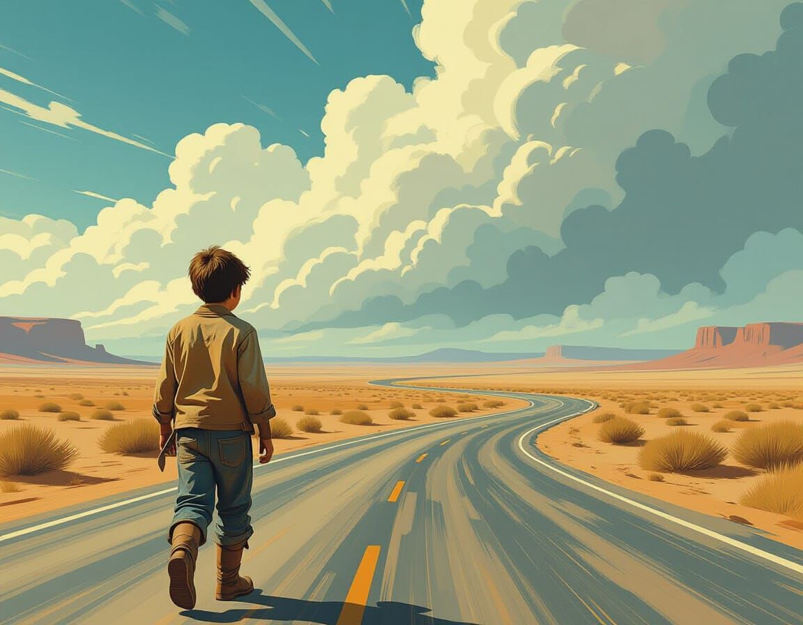 Boy's Journey on Endless Road in Digital Art Style