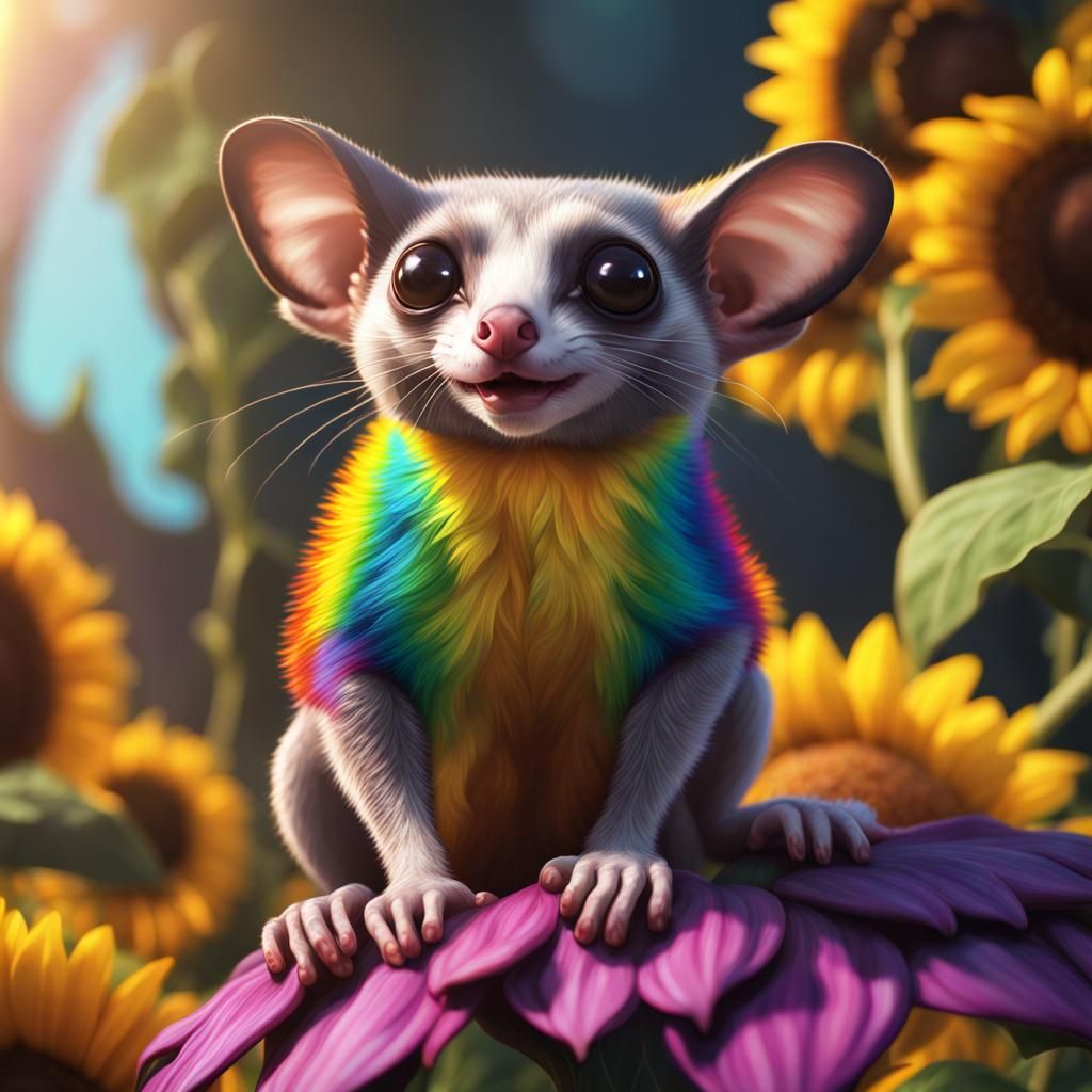 Rainbow Sugar Glider on Sunflower: Detailed Fantasy Art