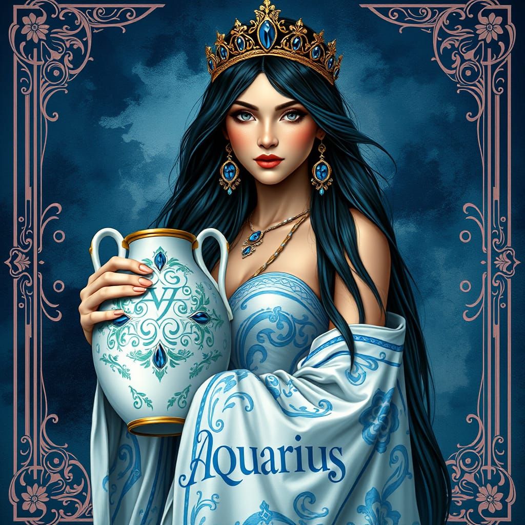 Ethereal Aquarius Queen in Watercolor Splendor