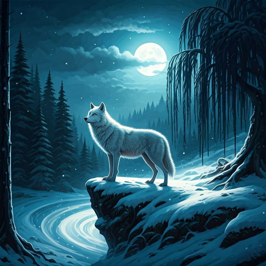 White Wolf Howling at Moon in Achromatic Landscape