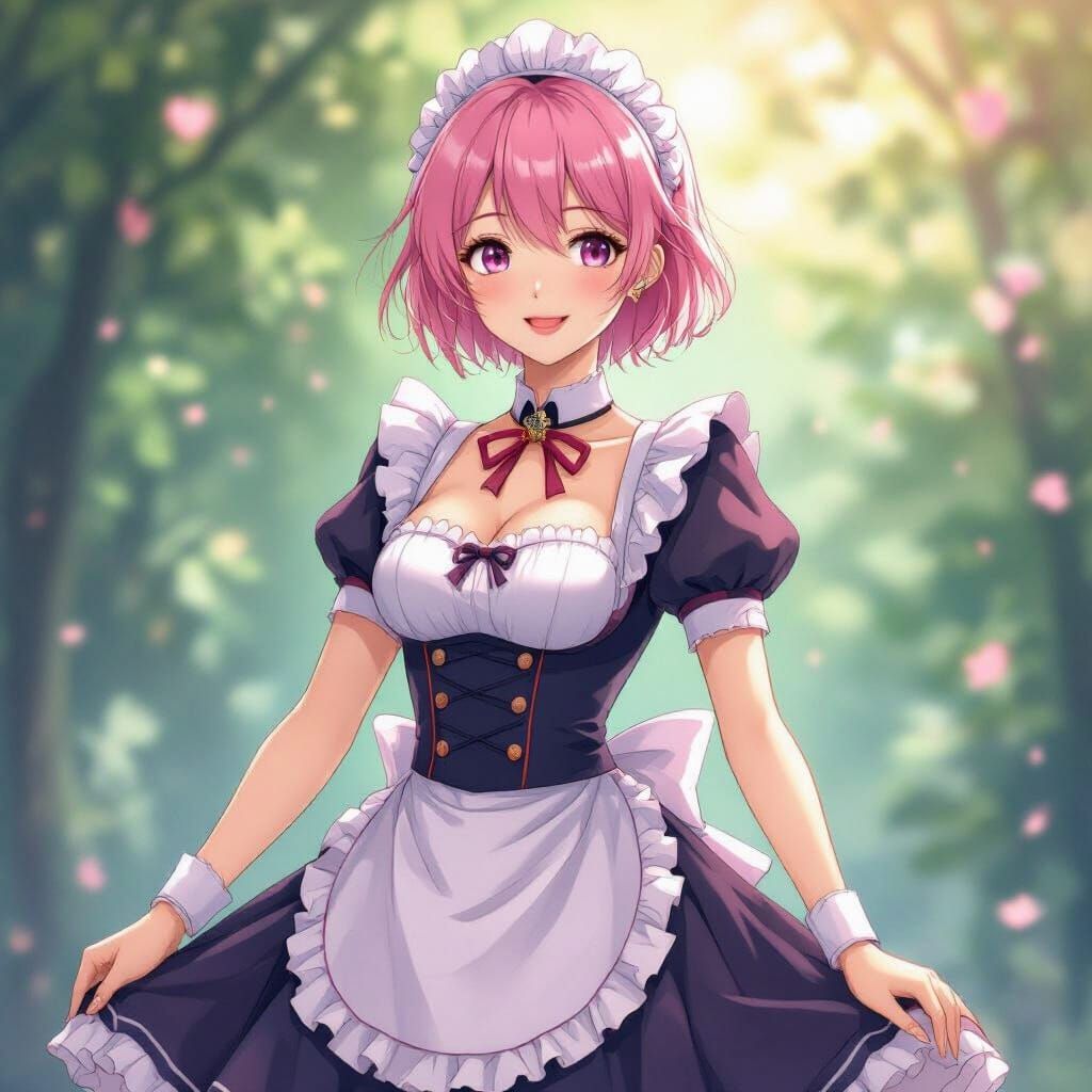 Anime Maid Woman with Pink Hair in Pastel Style