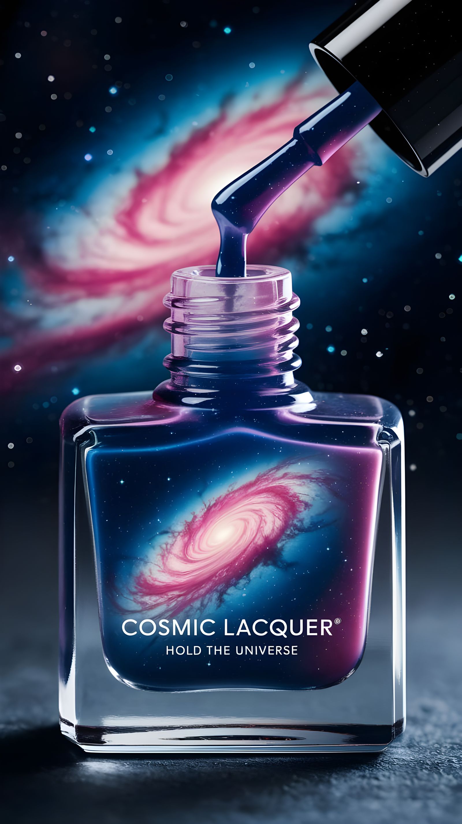 Sleek Glass Bottle Containing a Vibrant Galaxy