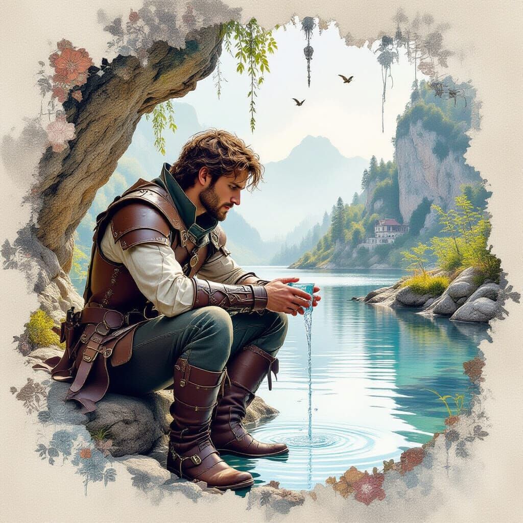Medieval Steampunk Man Drinks from Lake in Cave
