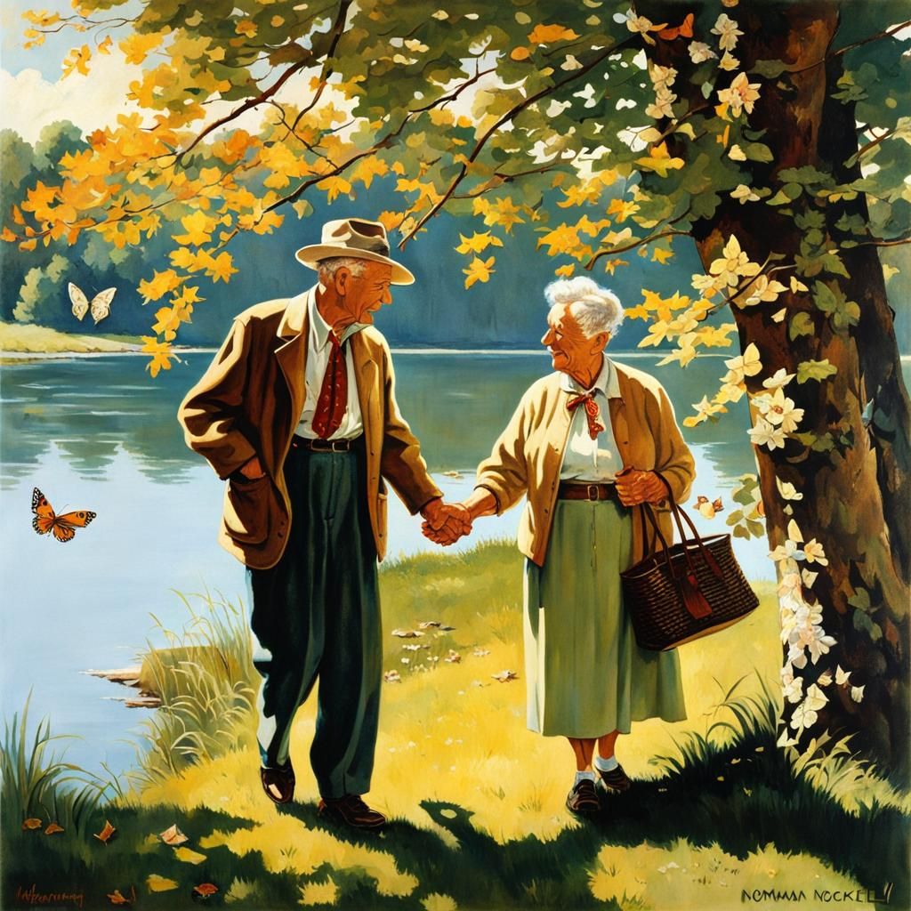 Elderly Couple's Lakeside Walk in Rockwell Style