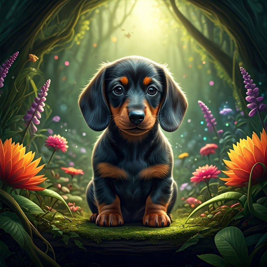 Enchanted Dachshund Puppy in Mystical Forest, Digital Art