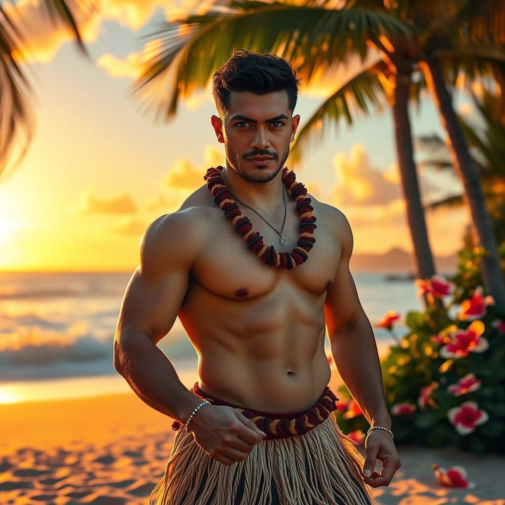Chiseled Hawaiian Dancer at Sunset in Tropical Paradise