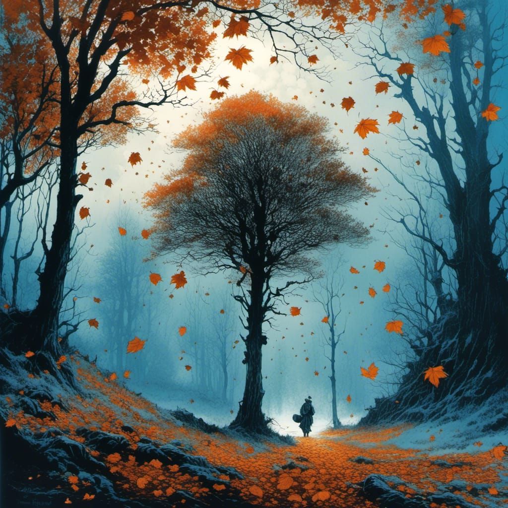 Autumn Leaves Fall in First Frost, Blue Ink Drawing