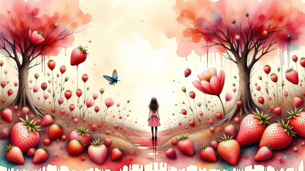 Whimsical Strawberry Fields Watercolor Dreamscape