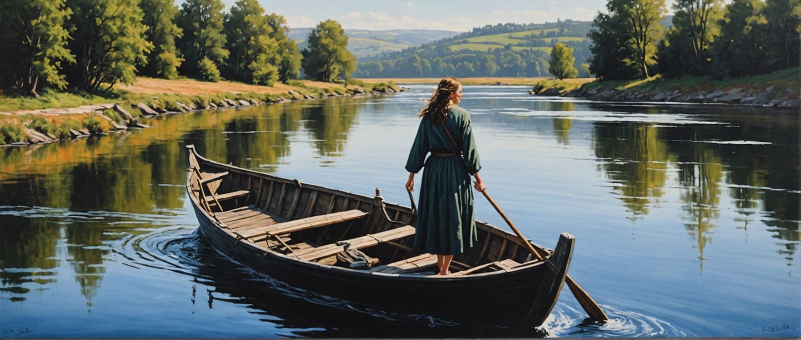 Hyperrealistic Woman Awaits Ferry in Abstract Impasto