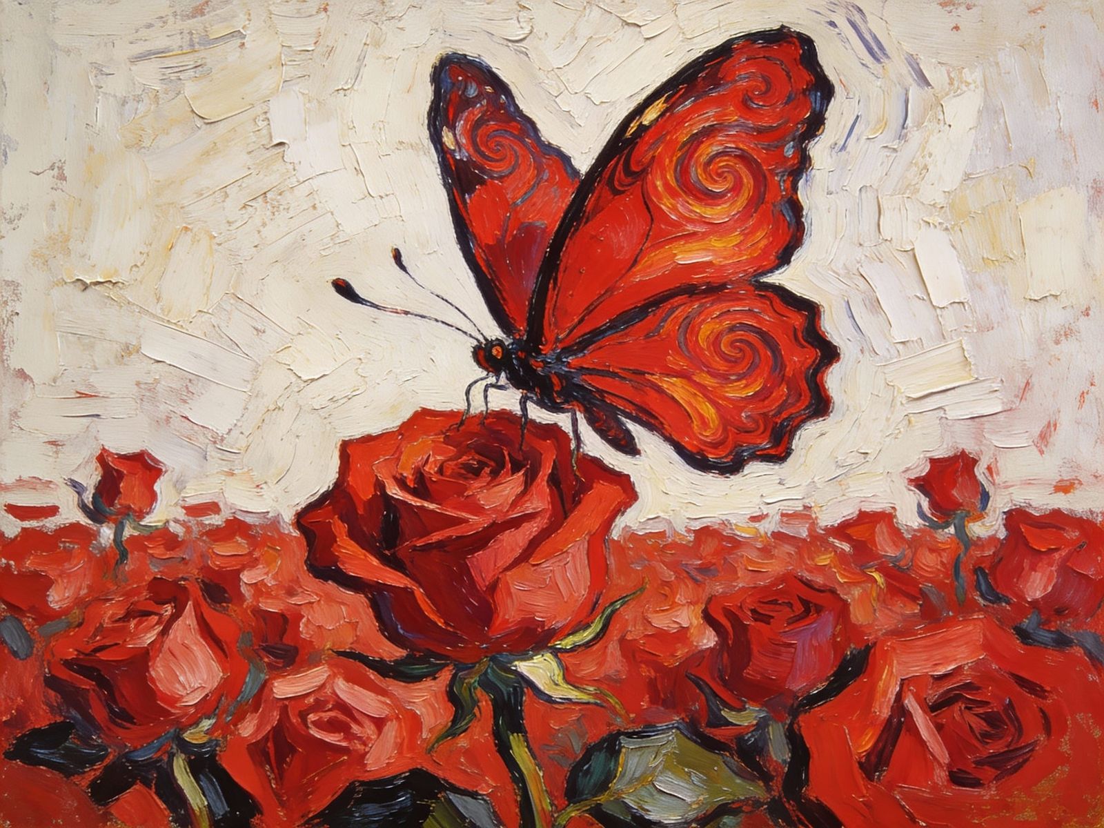 Red Butterfly Lands on Red Rose, Expressionist Painting