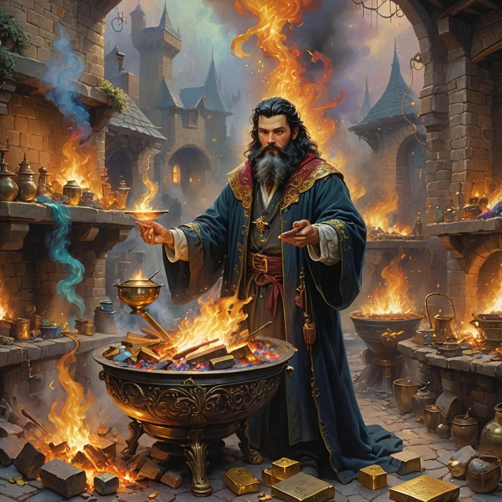 Alchemist Wizard Conjuring Fire and Phoenix in Fantasy Style