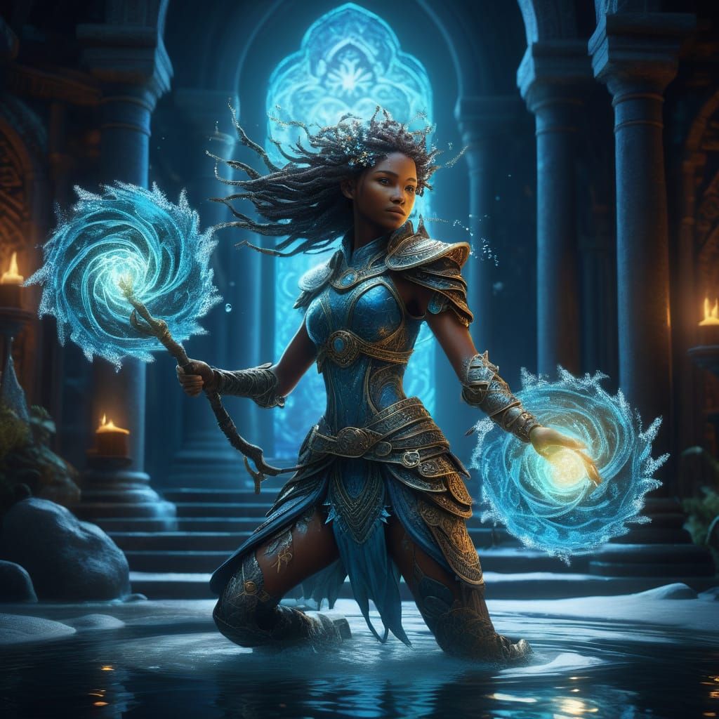 Mystical Clear Water Spirit in Vibrant, Bioluminescent Armor