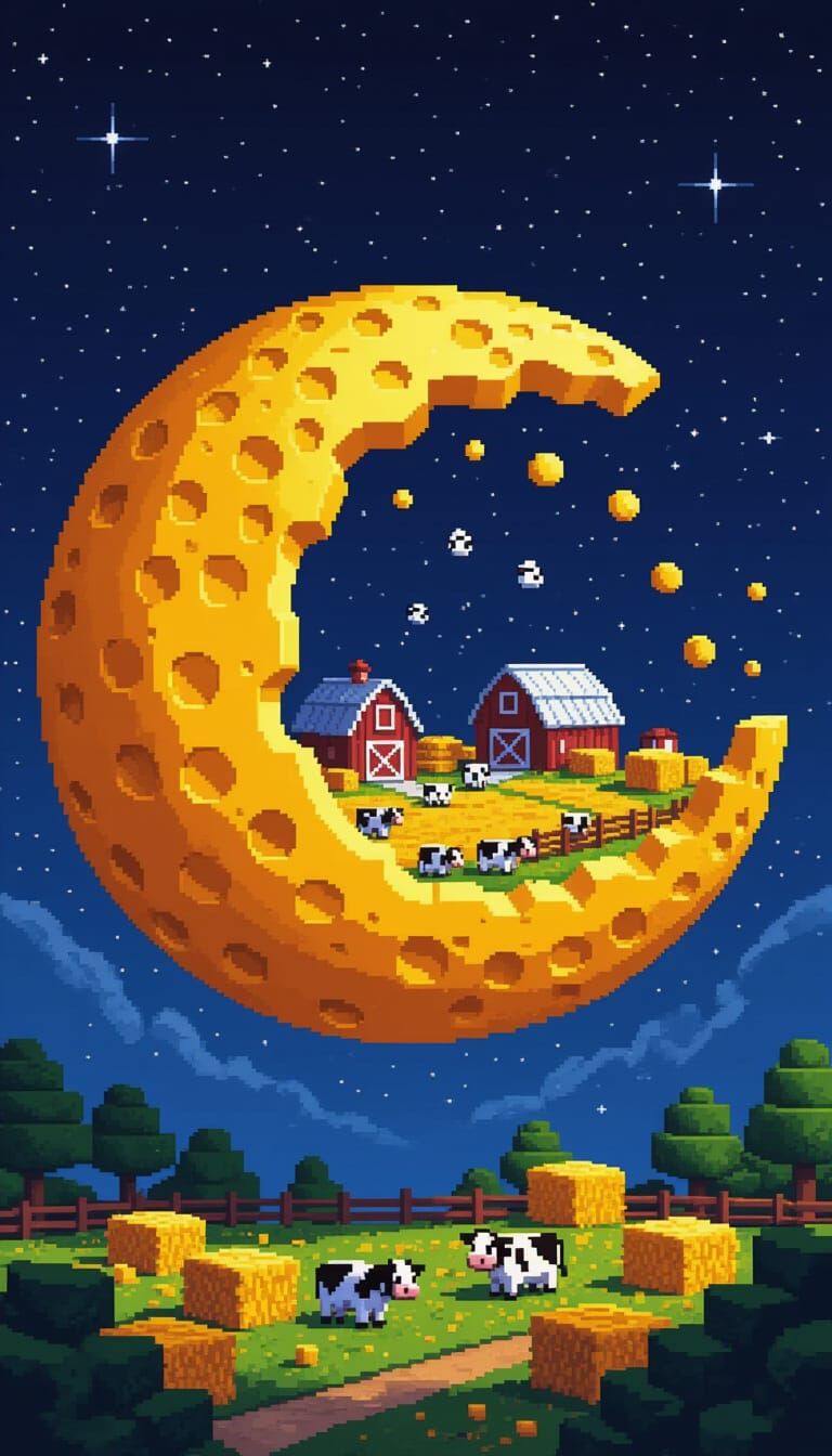Voxel Art Cheddar Cheese Moon with Interior Farm