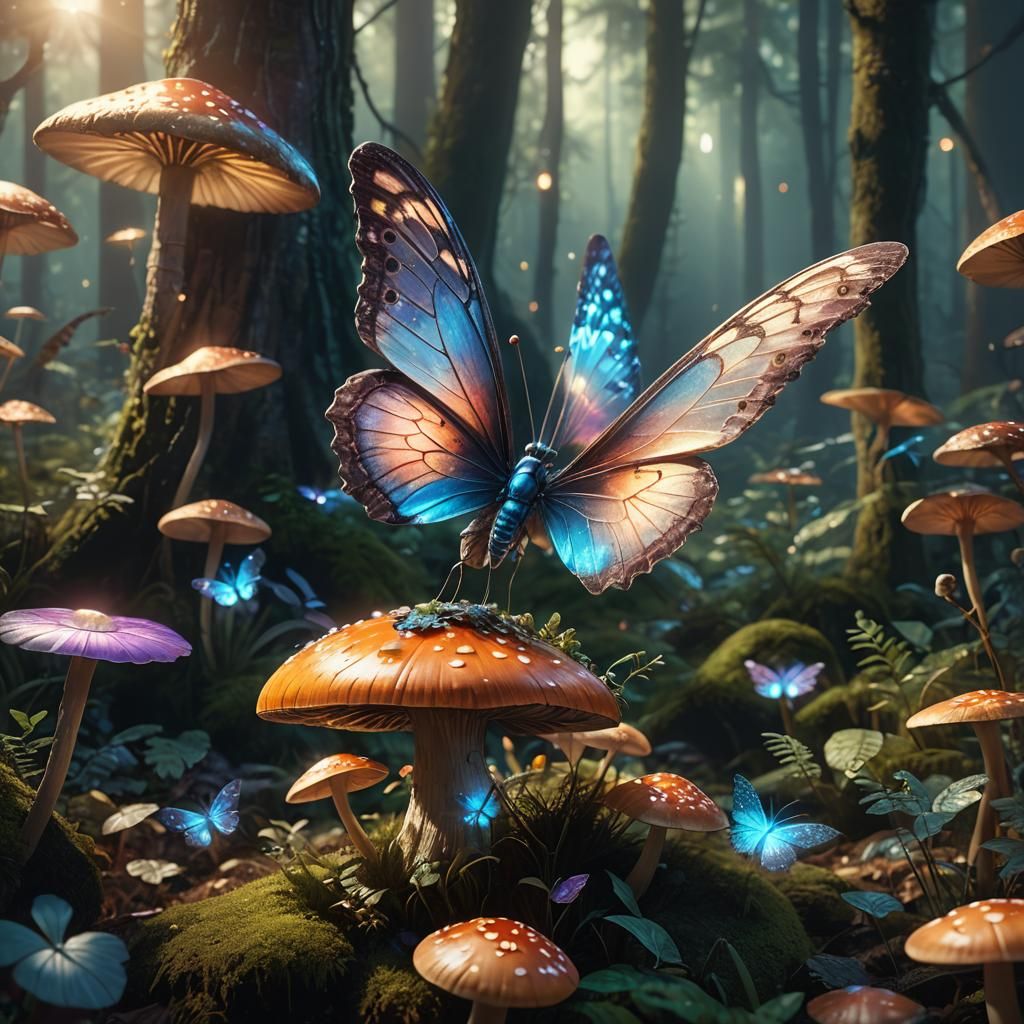 Luminous Butterfly on Mushroom in Mystical Forest