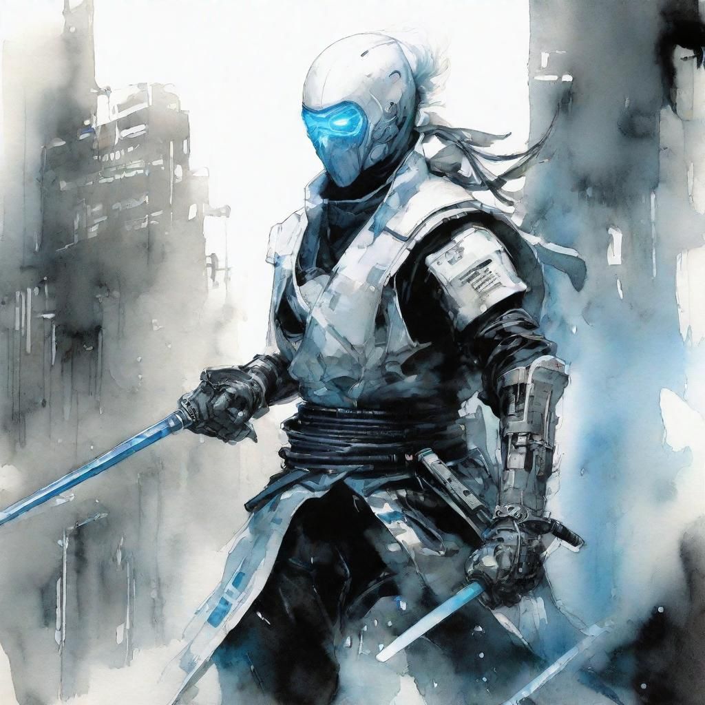 Cyberpunk Ghost Ninja with Katana in Watercolor Style