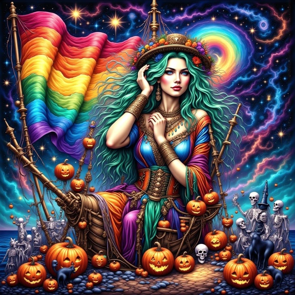 Witches Halloween Party on Pirate Ship Under Rainbow Flag