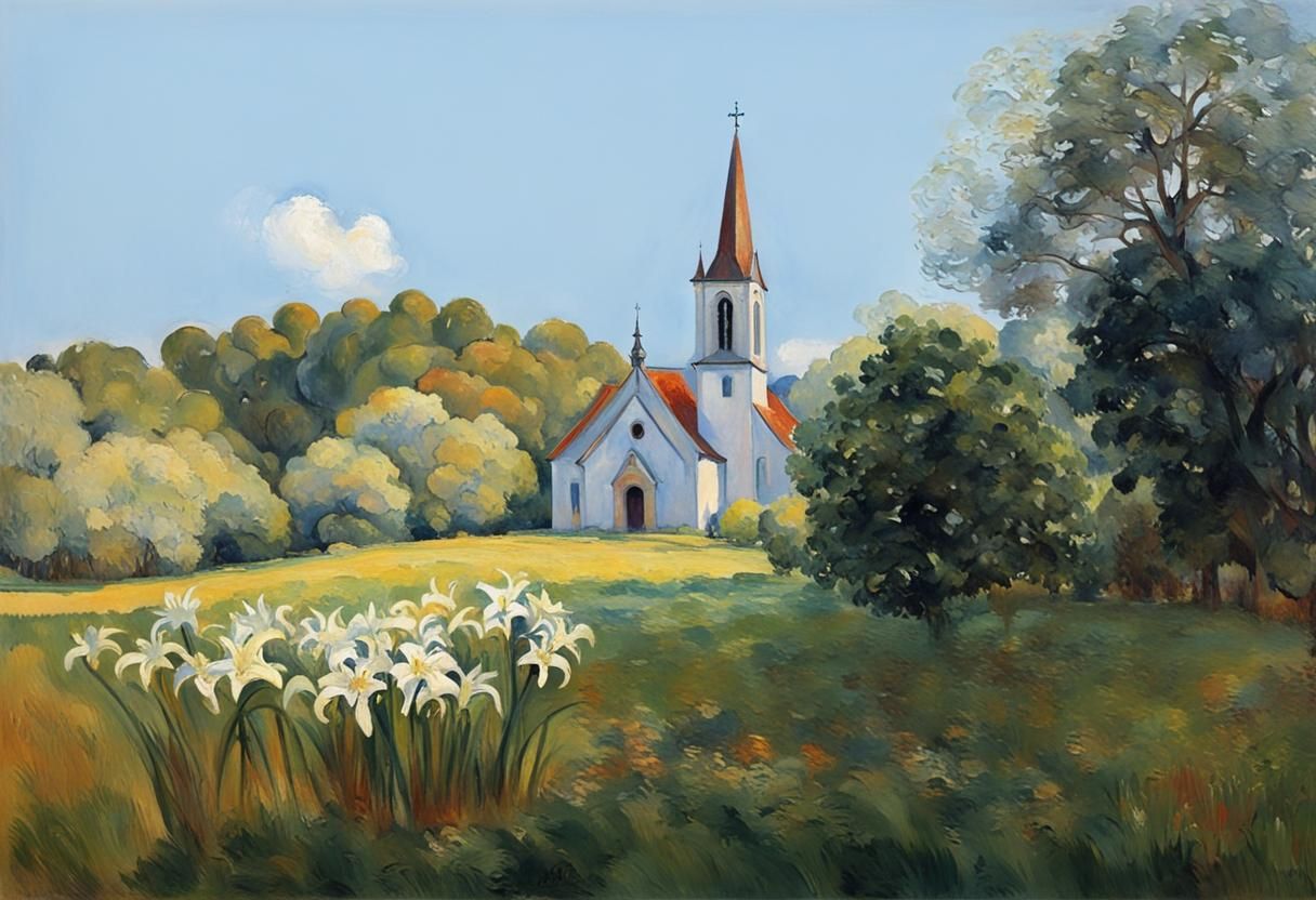 Sunlit Chapel with Lily, in Gauguin Style