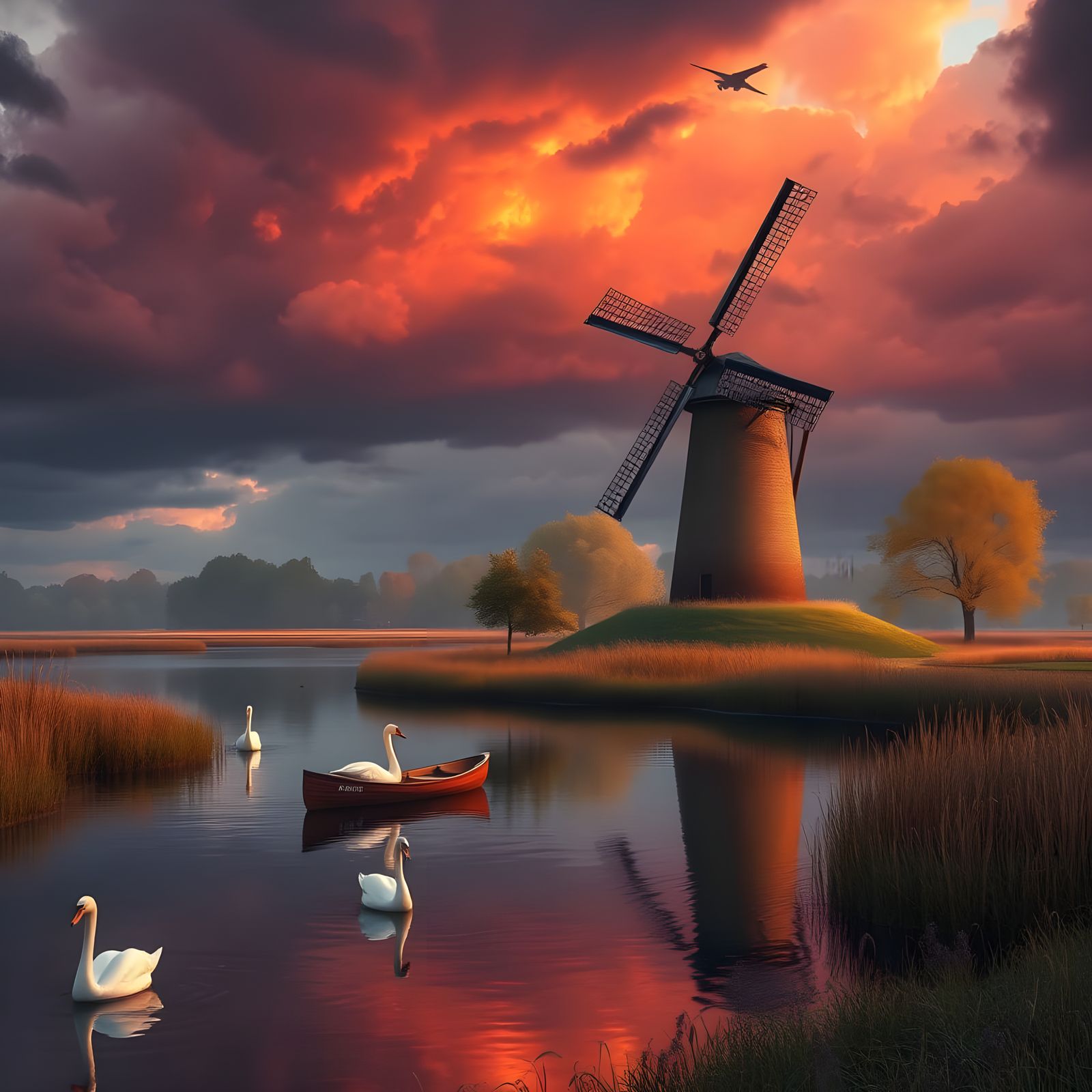 Dramatic Country Landscape with Stormy Sky and Windmill