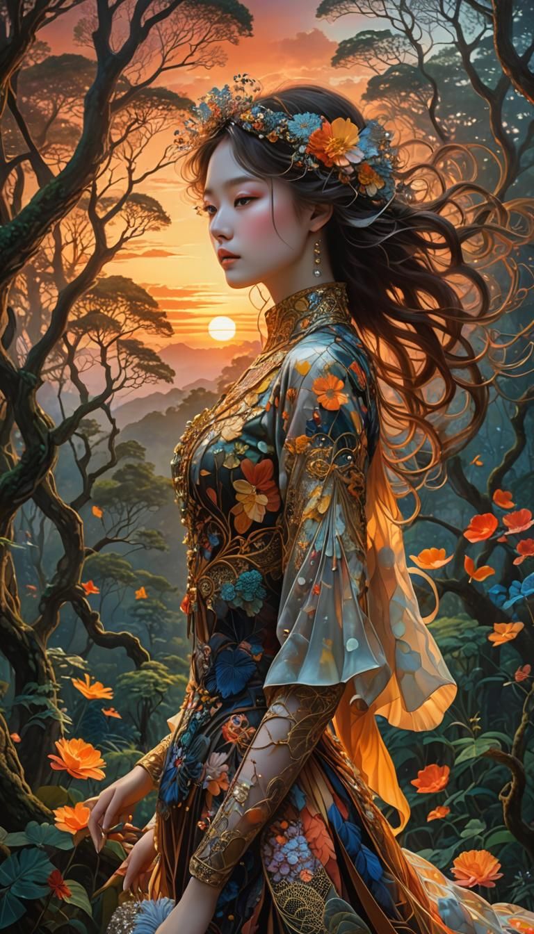 Sunset Hybrid Woman in Magical Forest, Elegant Art