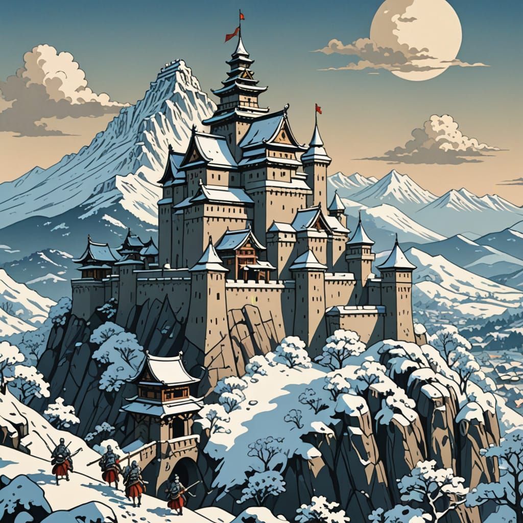Medieval Castle in Snowy Mountains, Ukiyo-e Style