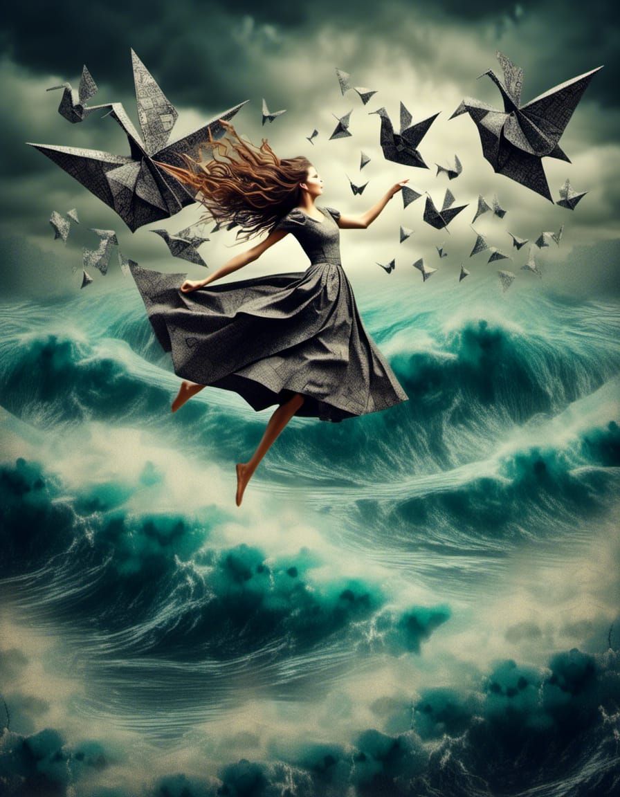 image of a Woman flying above a turbulent stormy ocean on a storm <lora:MOSAIC BEAUTY:1.0> cloud. Surreal, old photo. Ca...