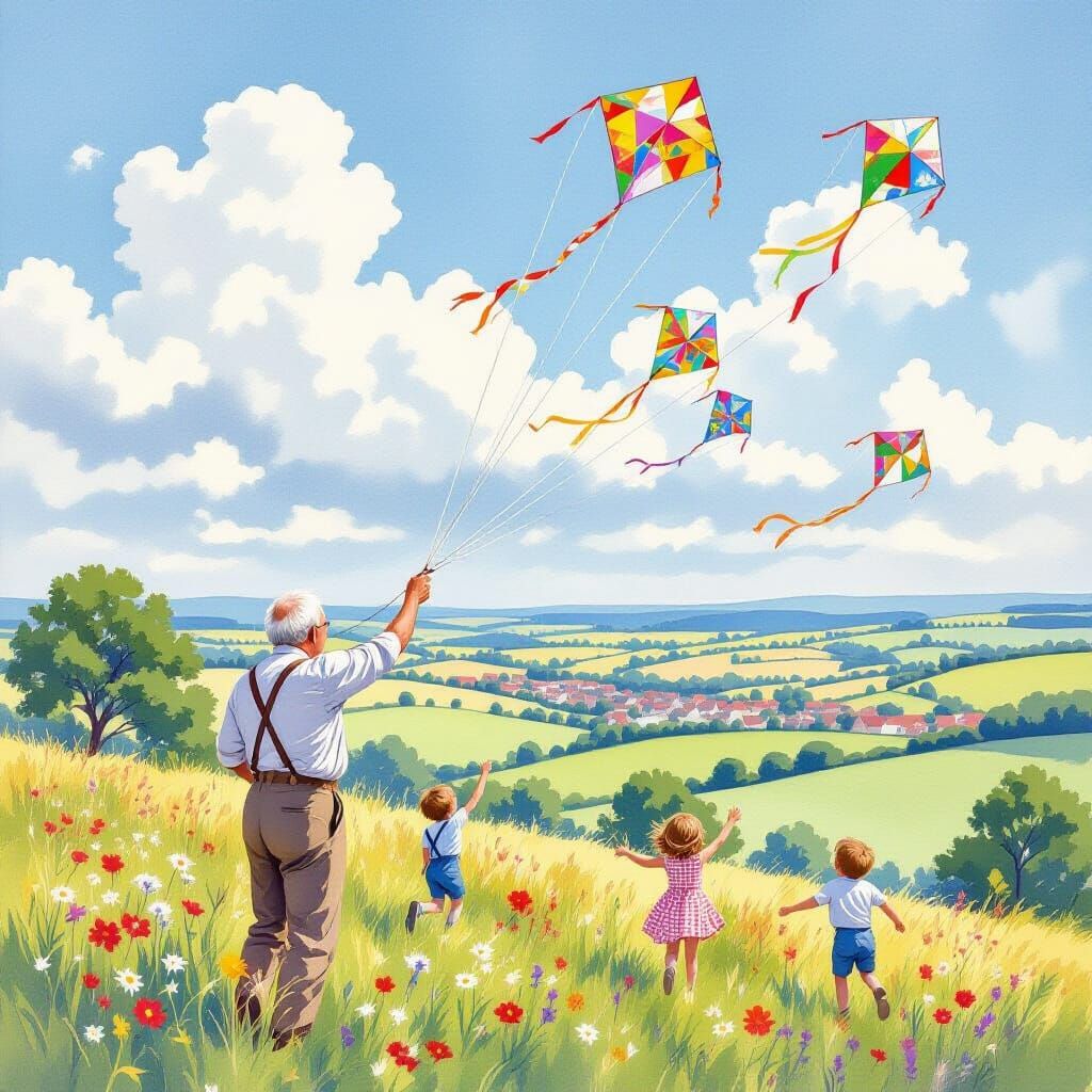 Watercolor Landscape: Grandfather and Children Flying Kites