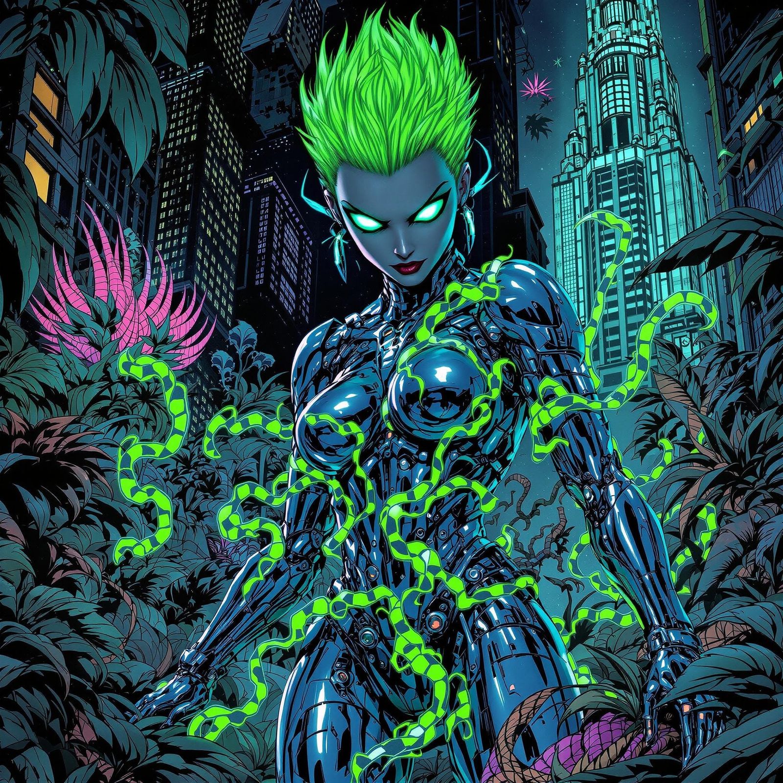 Futuristic Chrome Huntress in Bioluminescent Jungle