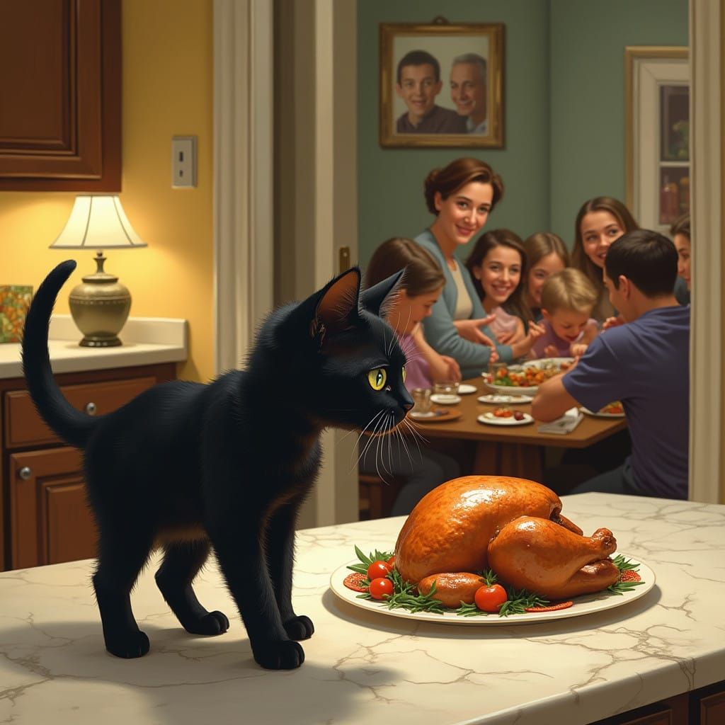 Whimsical Family Scene with Kitten and Turkey