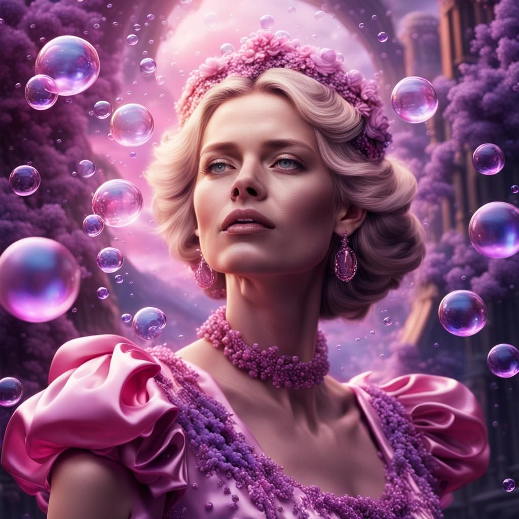 Blonde in Pink Satin Surrounded by Lavender Bubbles