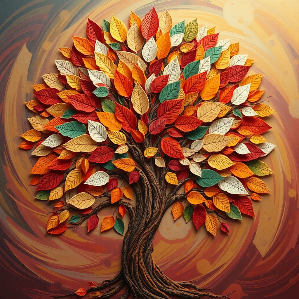 Kaleidoscopic Paper Leaves Form Hyperrealistic Autumn Tree