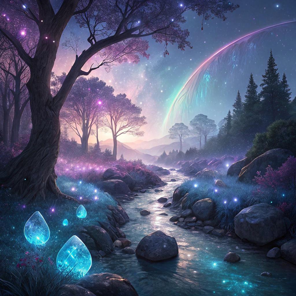 A fantasy landscape showing a river of glowing blue and purple gemstones flowing through a mystical forest. The stones e...