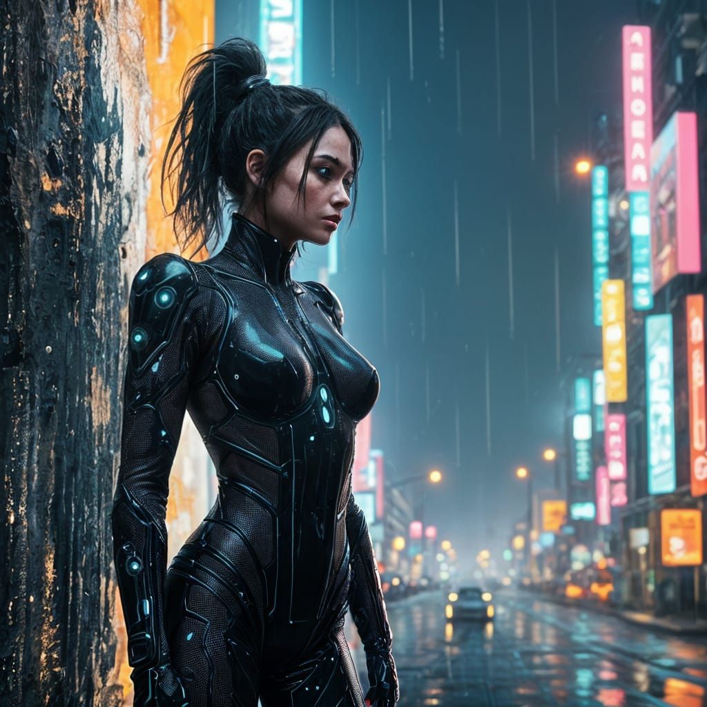 Cyberpunk Warrior in Neon City Under Rainy Skies