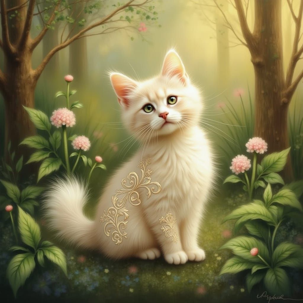 Iridescent Pearl Cat in Art Nouveau Style