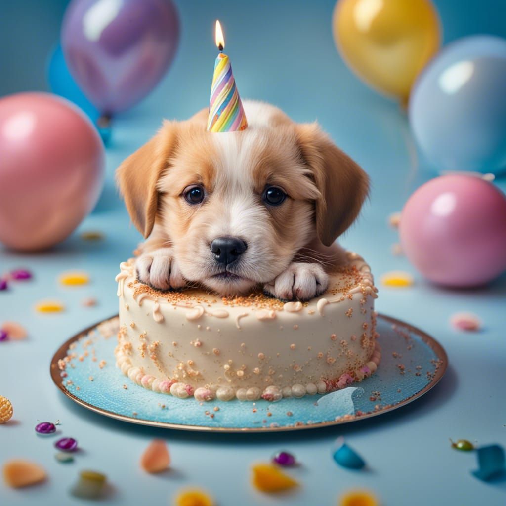 Puppy Celebrates Birthday with Cake: Macro Photography