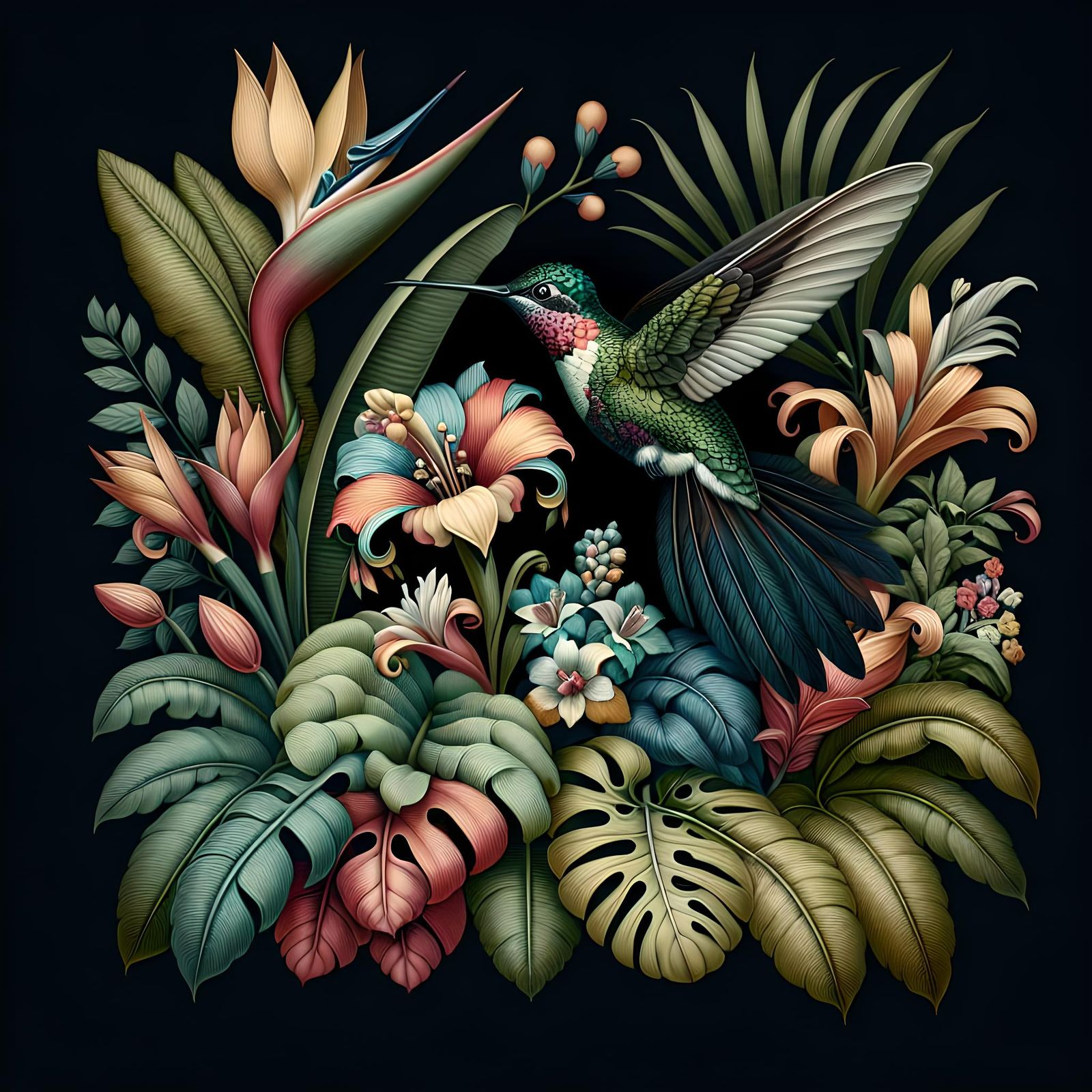 Hummingbird in a Tropical Garden, Classical Style