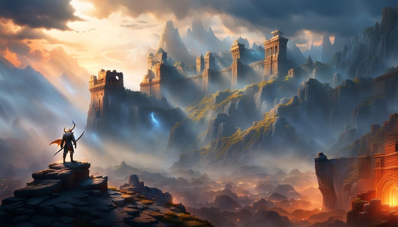 Victorious Warrior Overlooking Dragon and Ancient Ruins