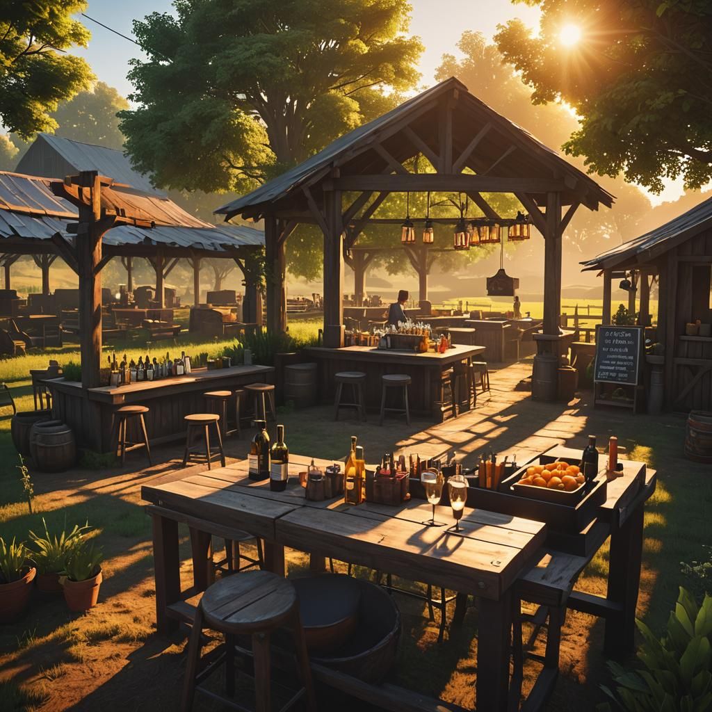 Open Bar at Farm Sunset with DJ in 3D Style